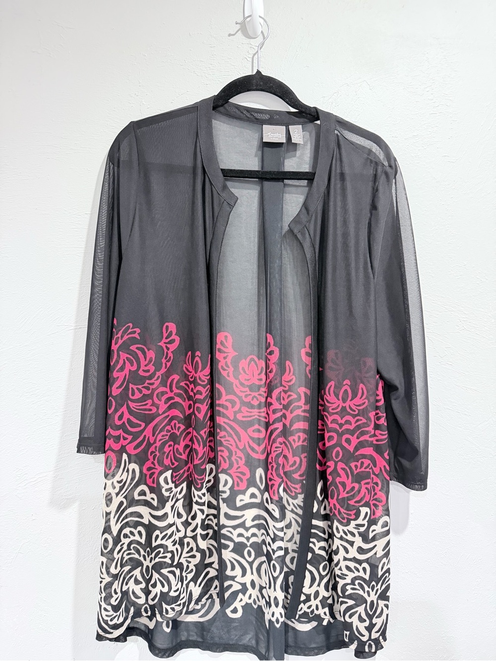 Chico’s Travelers Size 2 L Sheer Floral Border Long Topper Jacket Red Black